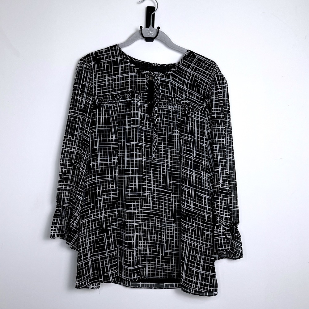 Karl Lagerfeld Paris Womens Black White Geometric Print Long Sleeve Top‎ L